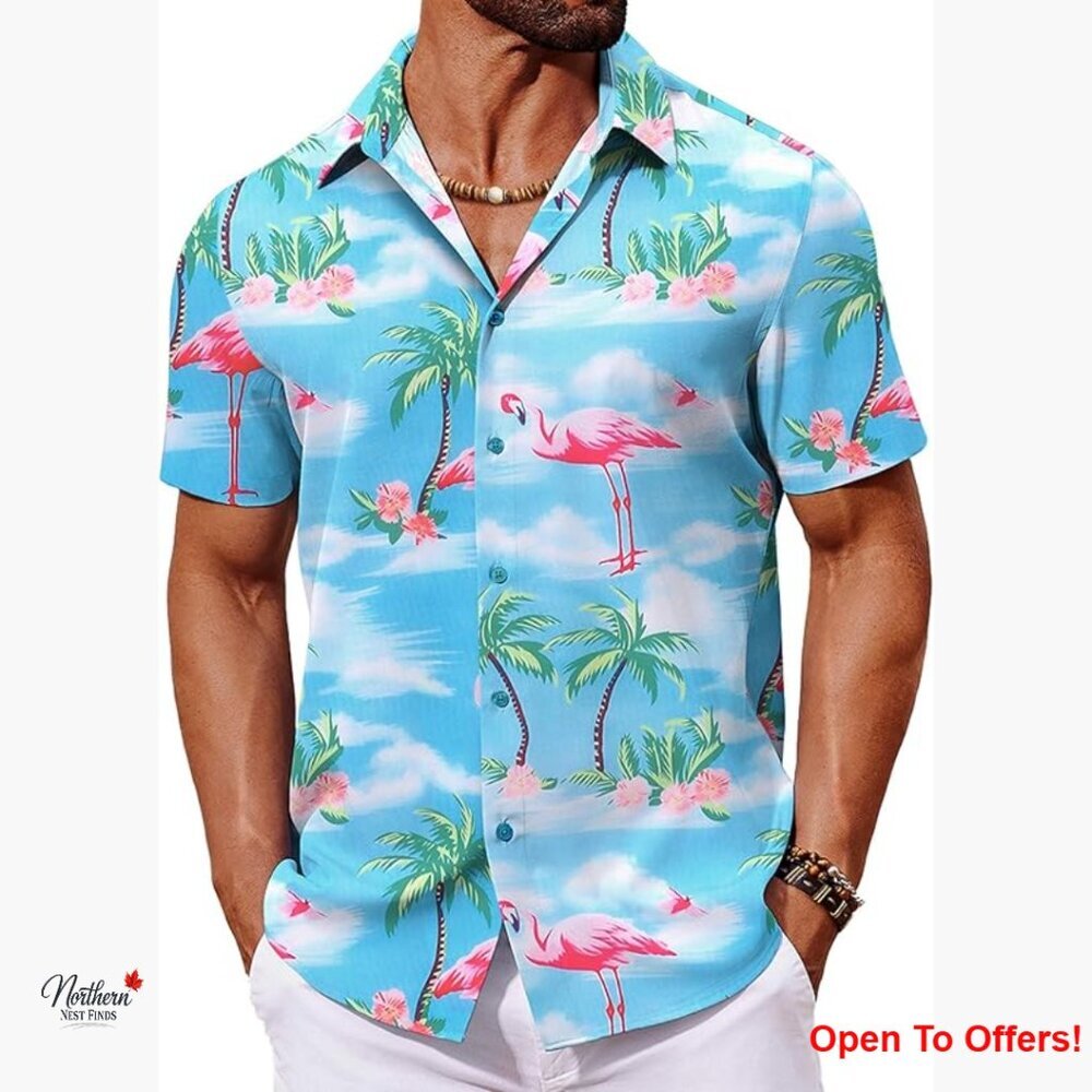 Men's Hawaiian Shirt Short Sleeve Button Down Tropical Floral Summer Beach